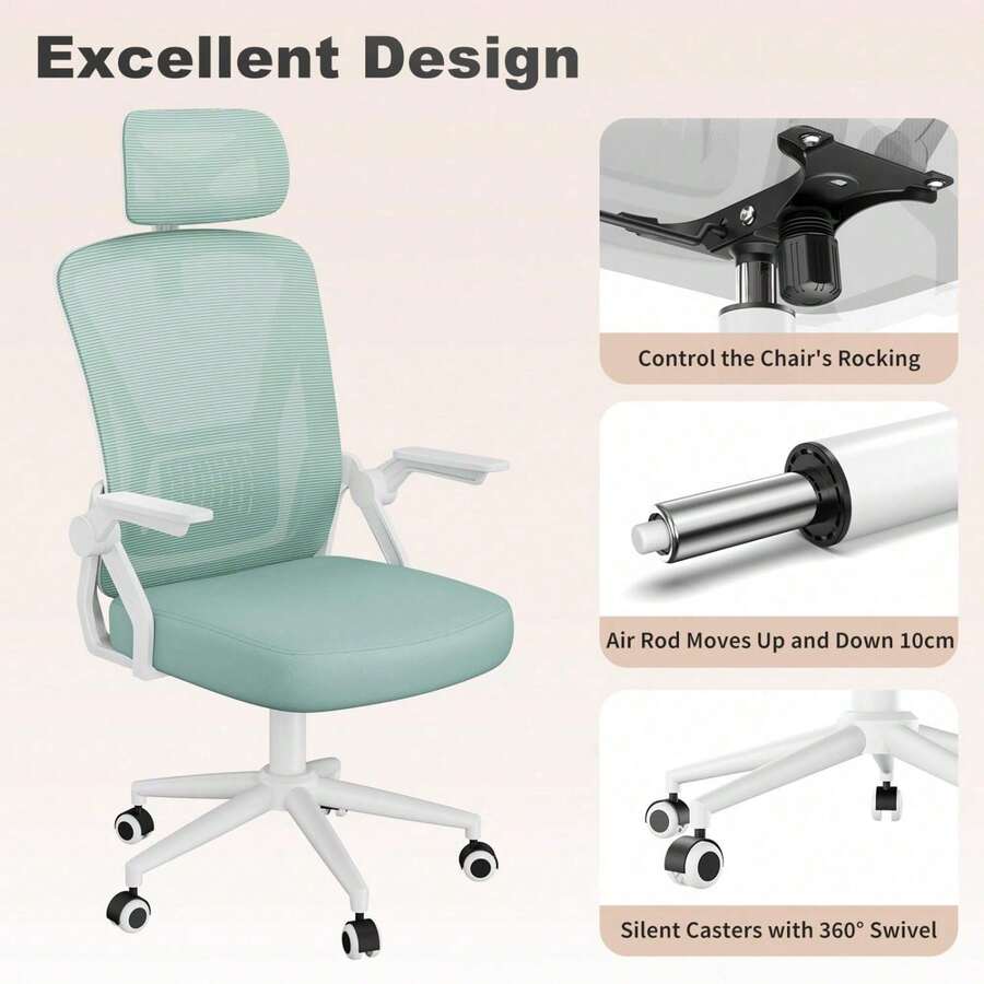 Ergonomic Mesh Office Chair With Flip Armrests And Lumbar Support - Green-4 - View 1
