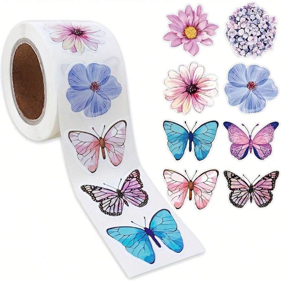1Roll/2Rolls/4Rolls/500pcs Per Roll, Butterfly Flower Shape Stickers, Used For Decorating Gift Boxes, Self-Adhesive Paper Labels, Baking Stickers - Multicolor - View 1