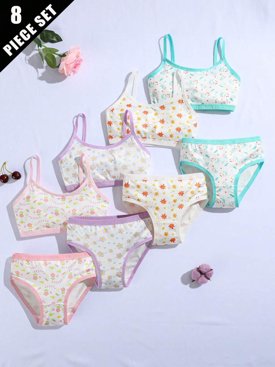 8Pcs Girls Underwear Set, Fresh Ditsy Floral, Elastic Breathable Girls Tank Top And Triangle Panty Set - Multicolor - View 1