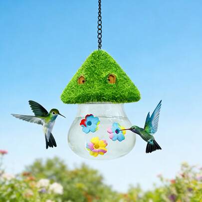 6.1*3.7 Inch Mushroom House Hummingbird Feeder, Hanging Bird Drinker With 3 Silicone Flower Feeding Ports, Waterproof & Leak Proof, Garden Patio Decor For Outdoor Bird Watching