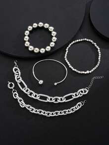 Set Gelang Rantai Tebal Gaya Punk Vintage 5 Buah, Kombinasi Rantai Cincin Logam, Kombinasi Desain Tali, Ular, dan Berpilin, Gelang Berlapis-lapis, Cocok untuk Pemakaian Sehari-hari, Hadiah Hari Ibu - Perak - View 3
