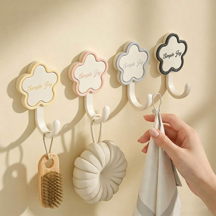 Cute Flower-Shaped Wall Hooks, Drill-Free Strong Adhesive Hooks For Hanging Keys, Hats, Towels And Bags, Waterproof Heavy-Duty Hooks For Bathroom, Kitchen And Entryway, Random Color - Multicolor - View 1