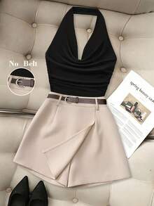 Resyla Conjunto de 2 piezas de top de tirantes finos y shorts casuales de color contrastante, estilo de moda europeo y americano para mujer en verano - Multicolor - Ver 1