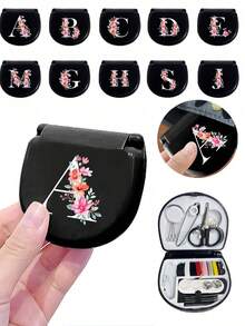 Floral Pattern Sewing Tool Box, Letters A-Z, Perfect Gift For Sewing Beginners: 1 Set Portable Mini Sewing Kit - Foldable, DIY Sewing Supplies And Accessories, Suitable For Travelers And Emergency Clothing Fixers, Mini Needle Box Portable Small Needle Pouch Sewing Tool Combination Set Hotel Supplies (Pin Color Random) - Black - View 1