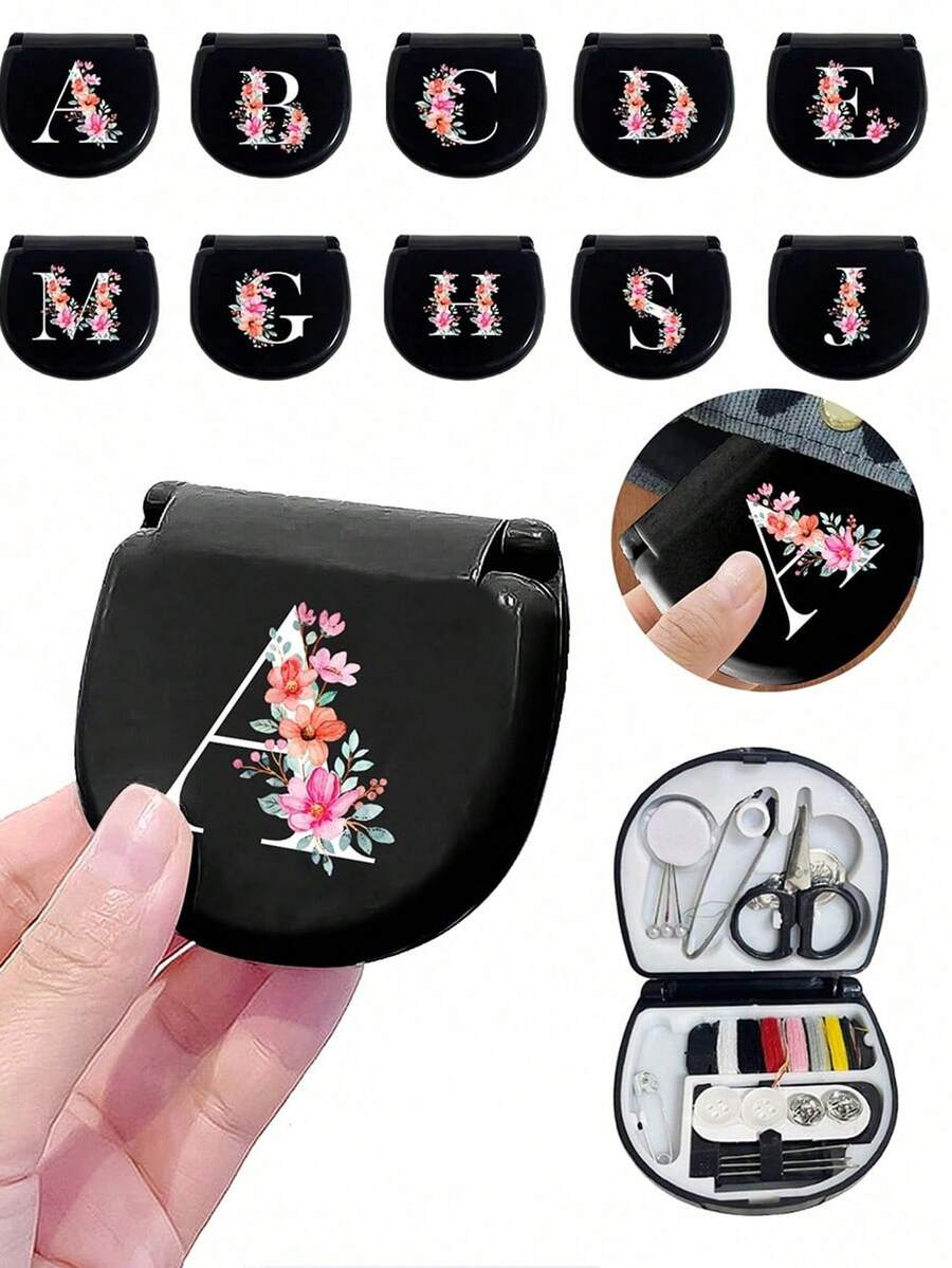 Floral Pattern Sewing Tool Box, Letters A-Z, Perfect Gift For Sewing Beginners: 1 Set Portable Mini Sewing Kit - Foldable, DIY Sewing Supplies And Accessories, Suitable For Travelers And Emergency Clothing Fixers, Mini Needle Box Portable Small Needle Pouch Sewing Tool Combination Set Hotel Supplies (Pin Color Random) - Black - View 1