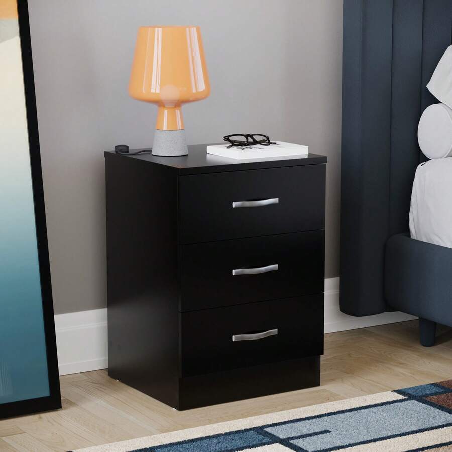 Home Discount Vida Designs Riano 3 Drawer Bedside Chest Cabinet Table Nightstand Bedroom Furniture Silver Handles Display Storage Unit - Black - Black - View 1