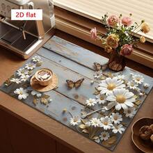 1pc Dish Drying Mat, Coffee Machine Mat, Oil Painting Texture Wood Base Daisy & Butterfly Print, Durable Absorbent Polyester Fiber Draining Mat, Suitable For Dining Table, Cafe And Other Scenes, Fresh And Elegant, Combining Beauty And Practicality, Multi-Purpose Drainage Mat, Home Gift, Tabletop Decor - XYLSD-475 - View 2