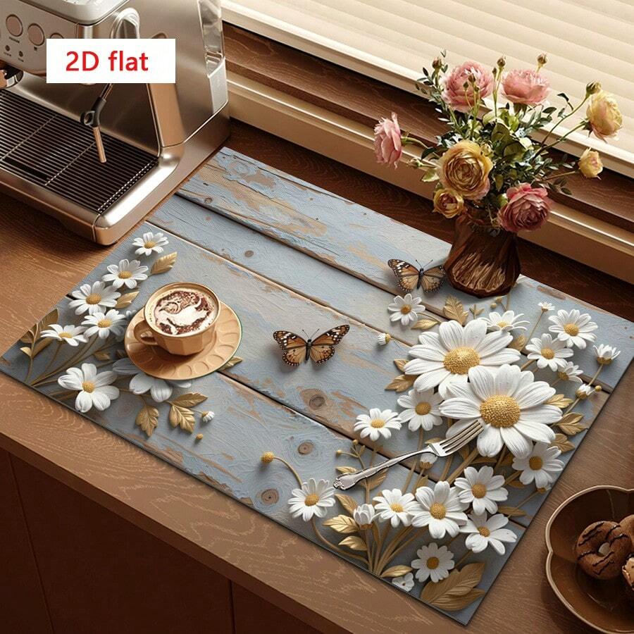 1pc Dish Drying Mat, Coffee Machine Mat, Oil Painting Texture Wood Base Daisy & Butterfly Print, Durable Absorbent Polyester Fiber Draining Mat, Suitable For Dining Table, Cafe And Other Scenes, Fresh And Elegant, Combining Beauty And Practicality, Multi-Purpose Drainage Mat, Home Gift, Tabletop Decor