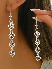 1 Pair Vintage Bohemian Style Minimalist Classic Round Spiral Heart Delicate Versatile Long Dangle Earrings For Women, Suitable For Daily Casual Wear, Vacation, Gift - Antique Silver - View 10