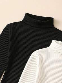 Girls Autumn/Winter 3-Color Set, High Neck Ribbed Knit Dress, Fashionable 3-Color Outfit, Minimalist Style - Multicolor - View 5