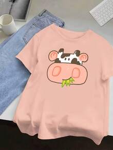 See, Cartoon Cow Face Design And Black Spots, Breathable For Everyday Wear In Spring And Summer, Available In Various Colors (Light Beige Shown) Women's Blouses - Black - View 8