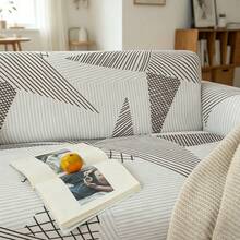 1pc Geometric Pattern Elastic Full Coverage Sofa Cover With 1pc Pillowcase, Modern Style Polyester Fabric, Machine Washable, All Seasons - Black and White - View 7