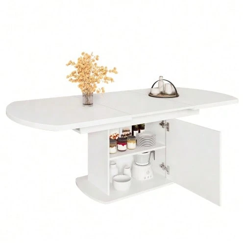 Extendable Oval Dining Table, L 140/200 X W 80 X H 75 Cm, Table With Storage, Coffee/Lounge Table, Modern And Minimalist Dining Table, Multifunctional Space-Saving Table, White And Silver Handle - Putih - View 1