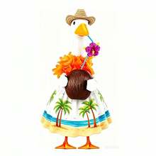 Porch Goose Hawaii Outfit Coconut Tree Print Dress Straw Hat Flower Lei Coconut 4-Piece Set For 23 Inch Goose - White - View 6