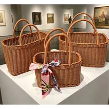 Large Capacity Woven Picnic Basket With Handle, Handmade Imitation Rattan Storage Basket, Rectangular Portable Basket For Outdoor Picnic, Grocery Shopping - View 7