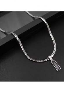 Collar con colgante de piedra preciosa negra de moda para hombres, cadena cubana plana de acero inoxidable, joyería de estilo hip-hop, joyería de estilo europeo y americano, accesorio para fiestas, joyería para fiestas, regalo para novio, regalo del Día de San Valentín - Multicolor - Ver 3