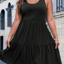 yonghongmaoyi1  Vestido de talla grande con cuello redondo, sin mangas y volantes en la espalda - Café integral - Ver 2
