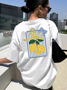 Vintage Women's T-Shirt With A Round Neck And Lemon Print On Both Sides. Fresh Summer Design, Comfortable Fit, Classic And Casual Style. - White - View 2