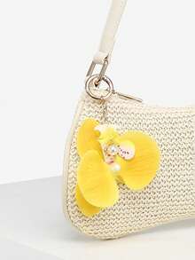 1 pieza Bolso de hombro tipo baguette para mujer, estilo vintage de vacaciones, con colgante tejido de cola de piel sintética, perlas falsas, flores de cerezo y cuentas de vida marina, adecuado para citas, salidas y vacaciones - Albaricoque - Ver 3