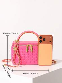Tas Selempang Mini Persegi Hitam, Tas Jinjing Fashion Wanita dengan Tali Rantai Bola Emas yang Dapat Diatur, Cocok untuk Perjalanan Sehari-hari - Hot Pink - View 2