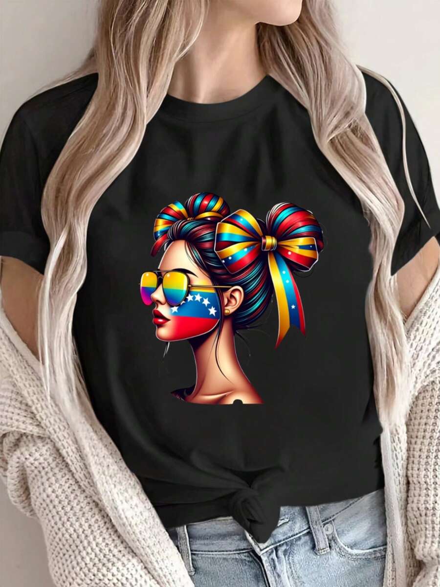 Women's T-Shirt With Flag And National Emblem Print, Latin American Culture Clothing, Casual And Comfortable, Ideal For Pride And Casual Wear, Na Shopping - 黑 - 查看 1