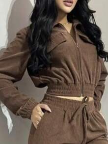 Women's Velvet Pants And Jacket Set - Rust Brown - View 2
