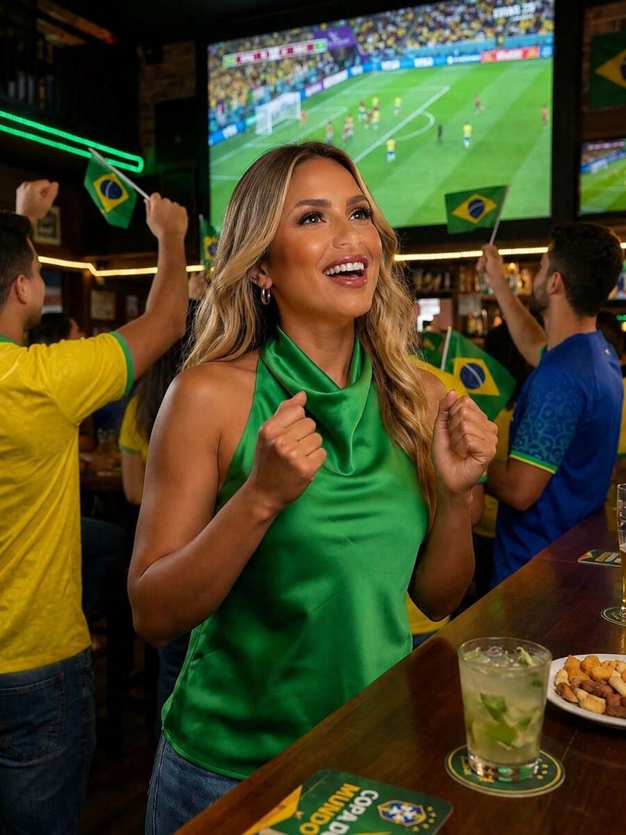 Women's Satin Blouse With High Neck And Open Back, Elegant For Parties - Brasil verde - Ver 1