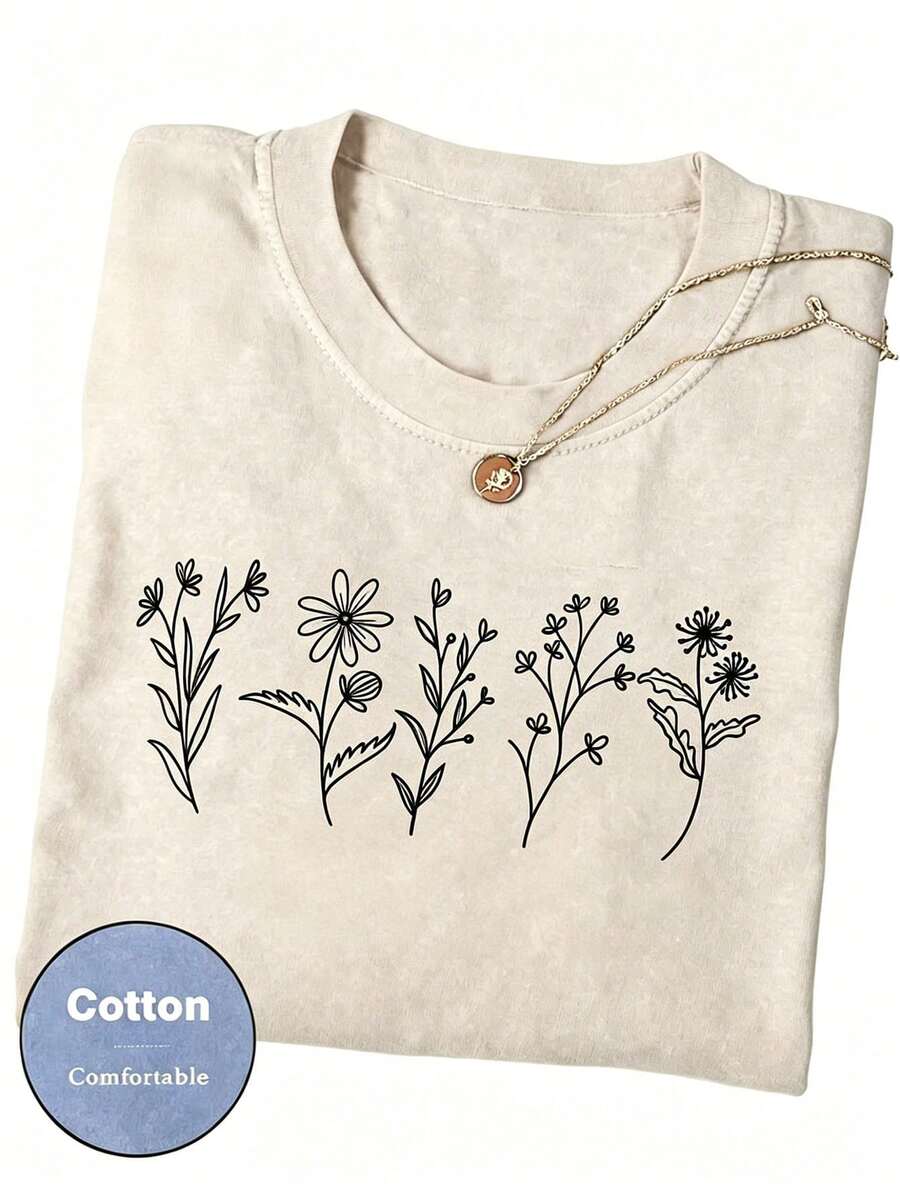 Women Floral Print Crew Neck Loose Casual T-Shirt, Short Sleeve Cheap Clothes Camiseta 100 Percent Cotton Clothing Women - 杏色 - 查看 1