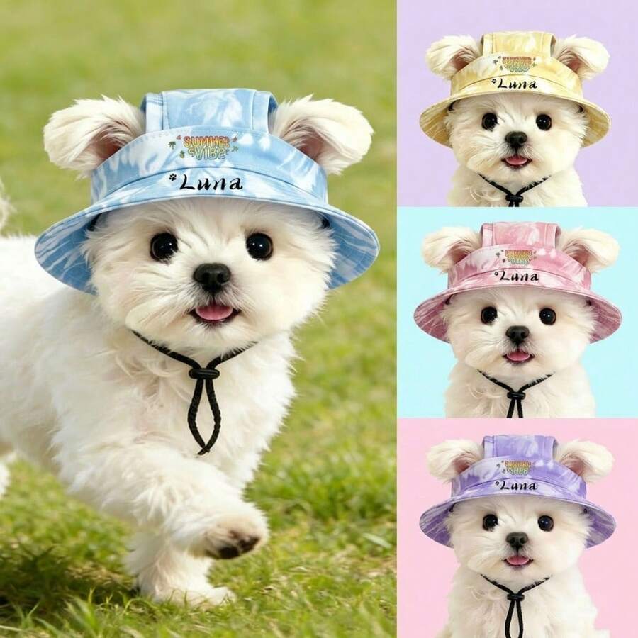 Customizable Pet Sun Hat With Name, Summer Open-Ear Sun Protection Hat For Dogs, Cute Sun Hat For Small Dogs And Cats, Available In 4 Colors, Pet Outdoor Photo Accessory - Pink Hat - View 1