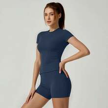 WAREBALL-Conjunto de Yoga para mujer, ropa deportiva para gimnasio, Top deportivo, pantalones cortos de cintura alta, - Rosa - Ver 3