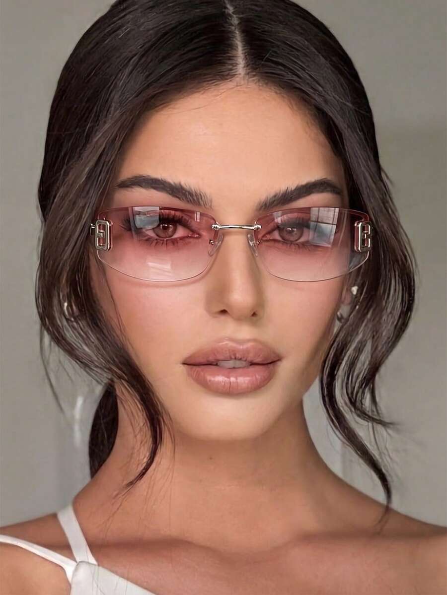 1 Pasang Kacamata Fashion Wanita Model Cat Eye Warna Perak dengan Bingkai Semi-Rimless dan Kaki Logam, Lensa Gradien Berongga, Gaya Jalanan Y2K - Bingkai perak ganda merah muda - View 1