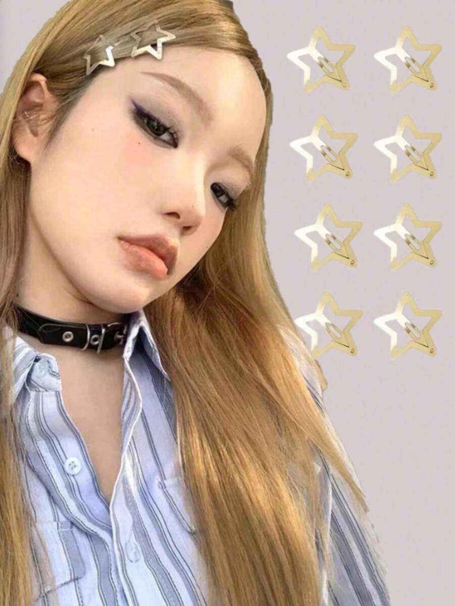 10/20pcs Star-Shaped Snap Hair Clips 2000S Y2K Non-Slip Gold Metal Hair Clips Suitable For Girls And Women Street Style Headwear,Claw Clips - Gold - View 1
