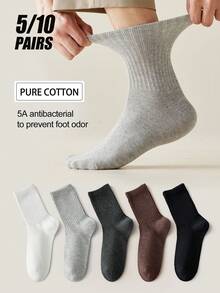 5/10 pares de calcetines de algodón puro neutros de media pantorrilla para hombre, para todas las estaciones, alta elasticidad, antibacterianos y resistentes al olor, unicolor negro blanco gris, calcetines de algodón minimalistas lisos adecuados para uso casual diario y de negocios - Multicolor - Ver 3