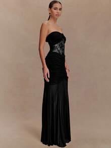 Vestidos casuales y elegantes para fiesta, novedad veraniega bandeja con encaje combinado, corte entallado irregular de estilo chic y distinguido - Negro - Ver 4