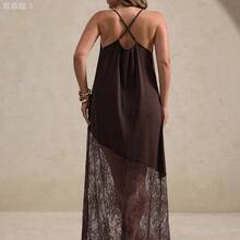 yonghongmaoyi1 Elegantrix Vestido de satén de verano con empalme de encaje transparente, lazo en la cintura y dobladillo para mujer de talla grande. - Marrón - Ver 3