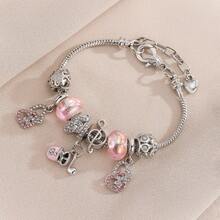 1pc Sweet Style Pink Tone Musical Note Beaded Bracelet With Hollow Heart Pendant Silver Snake Chain Adjustable Everyday Versatile Accessory - Musical Note Beaded Bracelet - View 3