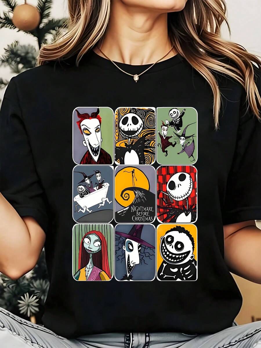 Disney Nightmare Before Christmas Characters Women's Round Neck Shirt Summer Tops Comfortable O-Neck T Shirt Fashion Casual Women Clothes - Black - View 1