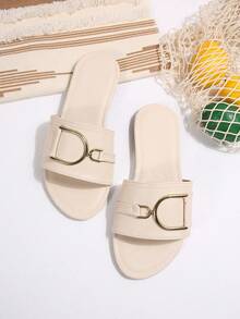 Beige Flat Slide Sandals For Women, Leather Upper With Embossed Texture And Metal Buckle Decor, Slip-On Vacation Style Summer Casual Beach Shoes, New Summer Casual One-Strap Flat Sandals - Beige - View 6