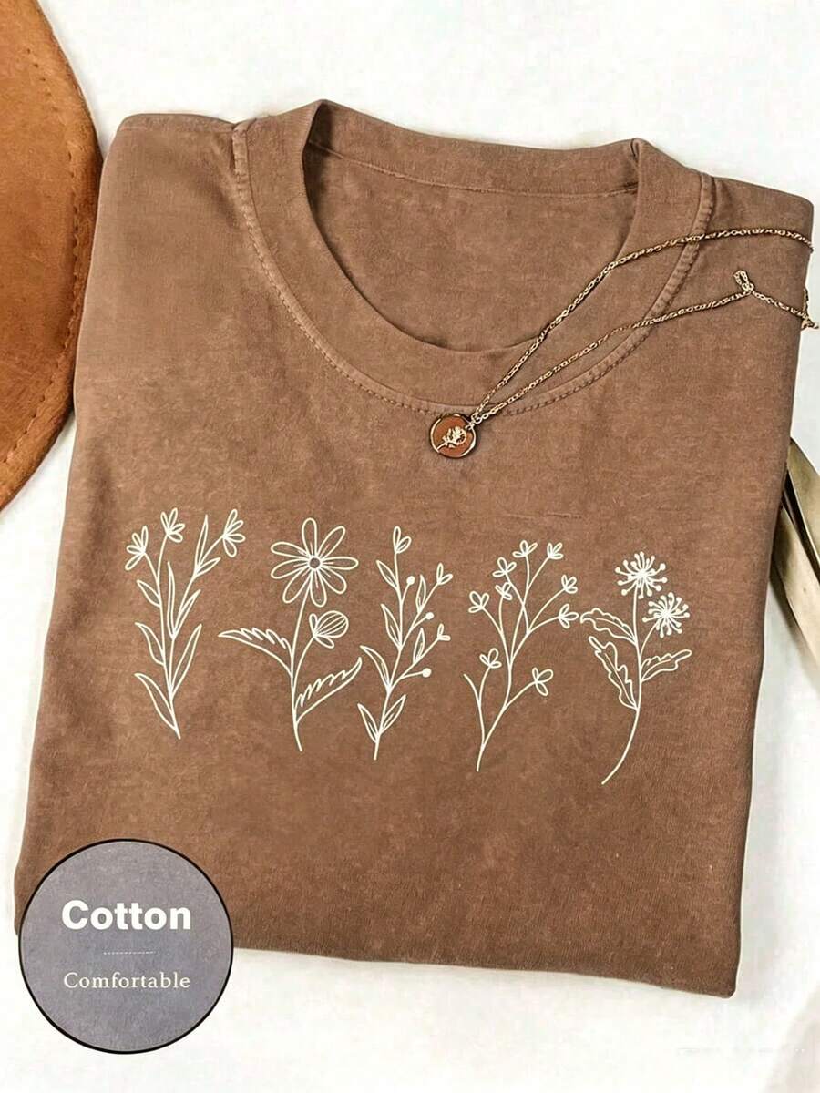 Women Floral Print Crew Neck Loose Casual T-Shirt, Short Sleeve Cheap Clothes Camiseta 100 Percent Cotton Clothing Women - 摩卡棕 - 查看 1