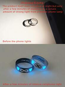 ATLVXJL 2pcs/Set Glowing Couple/Friendship/Family Glow-In-The-Dark Double Heart & Infinity 8-Pattern Stainless Steel Silver & Black Couple Rings Set, Casual Jewelry Rings Suitable For Daily Wear And Holiday Gift Giving - Multicolor - View 5