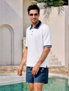 Mercer Haus Men's Color Block Polo Collar Short Sleeve Knit Top Polo T Shirt Men , Suitable For Summer Tropical Holiday Vacation In Hawaii. - White - View 9