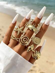 7PCS Ocean Rings, Gold Crab, Starfish, Shell, Conch Shaped Rings, Beach Vacation Style Stackable Ring Set For Women - Gold - View 1