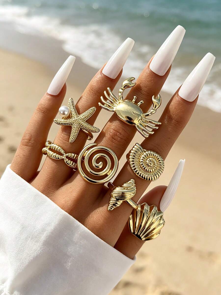 7PCS Ocean Rings, Gold Crab, Starfish, Shell, Conch Shaped Rings, Beach Vacation Style Stackable Ring Set For Women - Gold - View 1