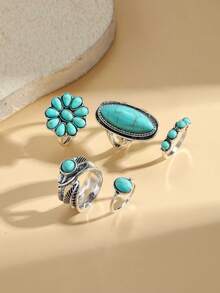 5pcs/Set Western Cowboy Vintage Turquoise Flower Antique Silver Texas Map Pattern Bull Head Cactus Sunflower Arrow Open Ring Set For Women Vacation - Antique Silver - View 7