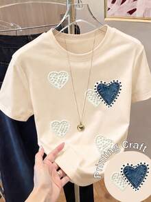 Women's Short-Sleeved Printed T-Shirt, Spring Clothing, Holiday Outfit, White For Summer, Beach Look, Vacation, Country Style, Women's Office Outfit. - 杏色 - 查看 12