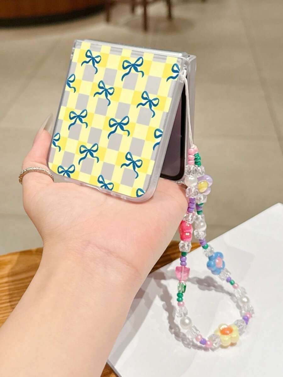 1PC Fashion Matte PC Material Simple And Cute Yellow Checkered Bow ElementFolding Phone Case, Paired With Same Color Bracelet, Can Protect And Prevent Falling For: SamsungGalaxy Zflip 3/Zflip 4/Zflip 5/Zflip 6/Zflip 7/Zflip 8/ Razr 60/ Razr 50/ Razr 70/Galaxy Z Flip7 FE - Transparent Yellow - View 1