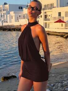 New Sleeveless Halter Dress With Laces - 棕色 - 查看 2