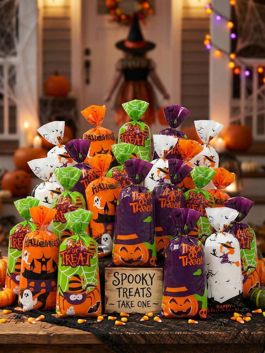 25/50/100 Stücke Halloween Süßigkeiten Tüten, Geschenktüten mit Geist & Hexe & Kürbis Muster, Halloween Geschenkverpackungstüten, Halloween Dekorationen, Party Geschenktüten, Süßigkeiten Tüten, Halloween Trick oder Treat Dekorationen, Halloween Party Dekorationen, Heimdekoration, Partyzubehör, Herbst Dekorationen