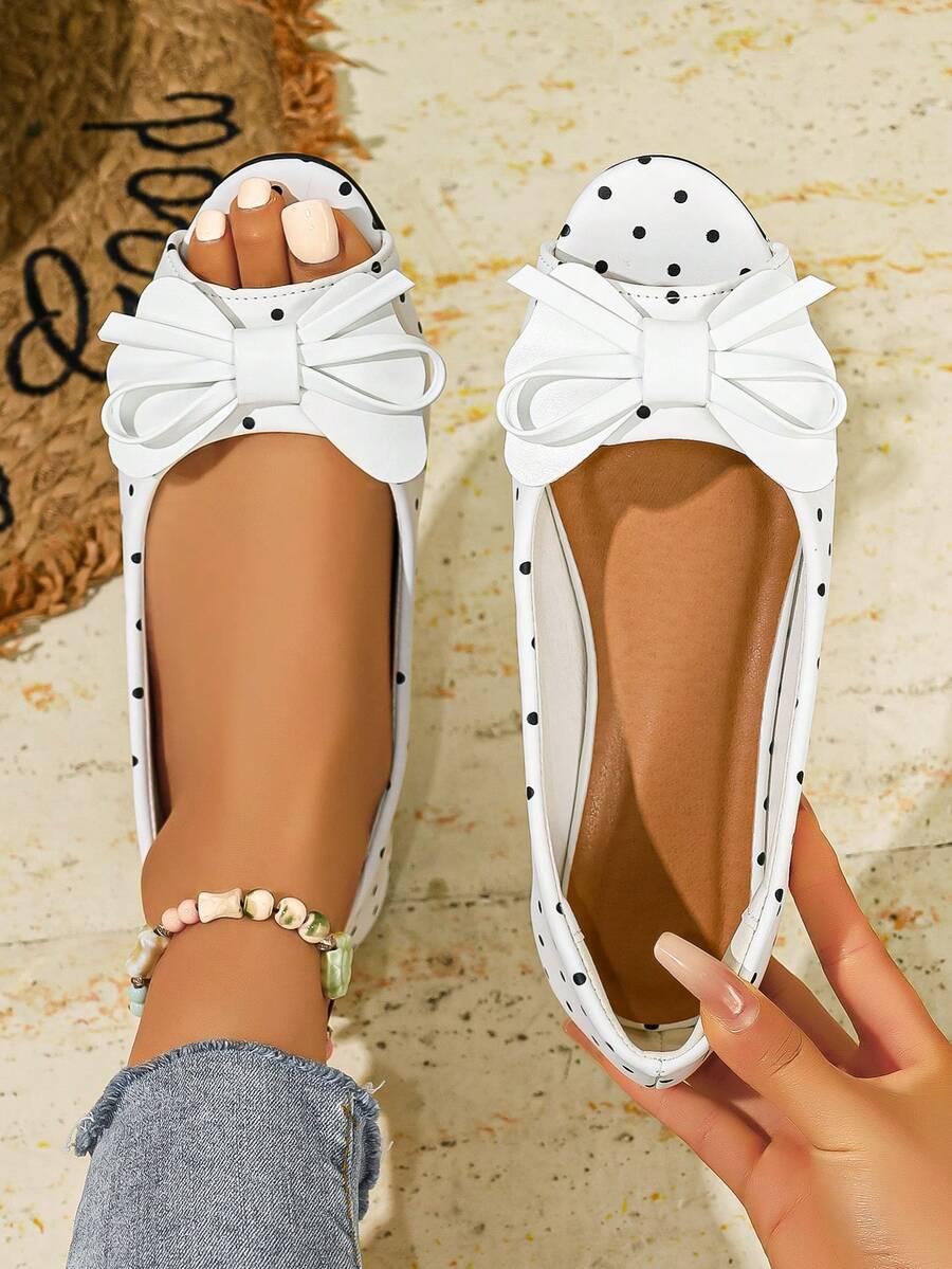 Women's Fashion Round Toe Open Toe Spring Summer Plus Size Slip-On Comfortable Elegant Flat Sandals - White Polka Dot Flower - View 1