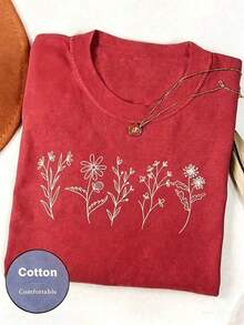 Women Floral Print Crew Neck Loose Casual T-Shirt, Short Sleeve Cheap Clothes Camiseta 100 Percent Cotton Clothing Women - 紅色 - 查看 5
